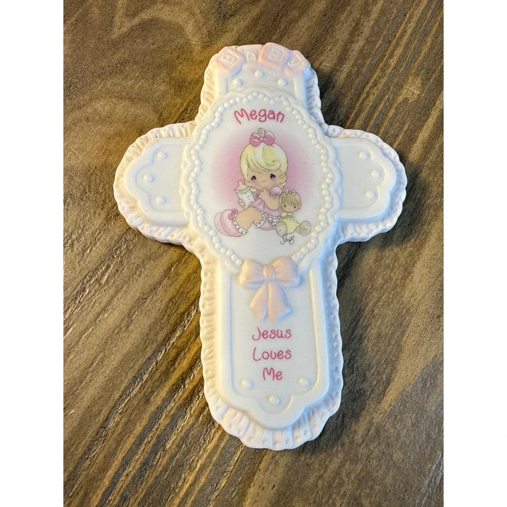 VTG Precious Moments Girl Figurine & Megan Baby Cross Set of 2 Religious